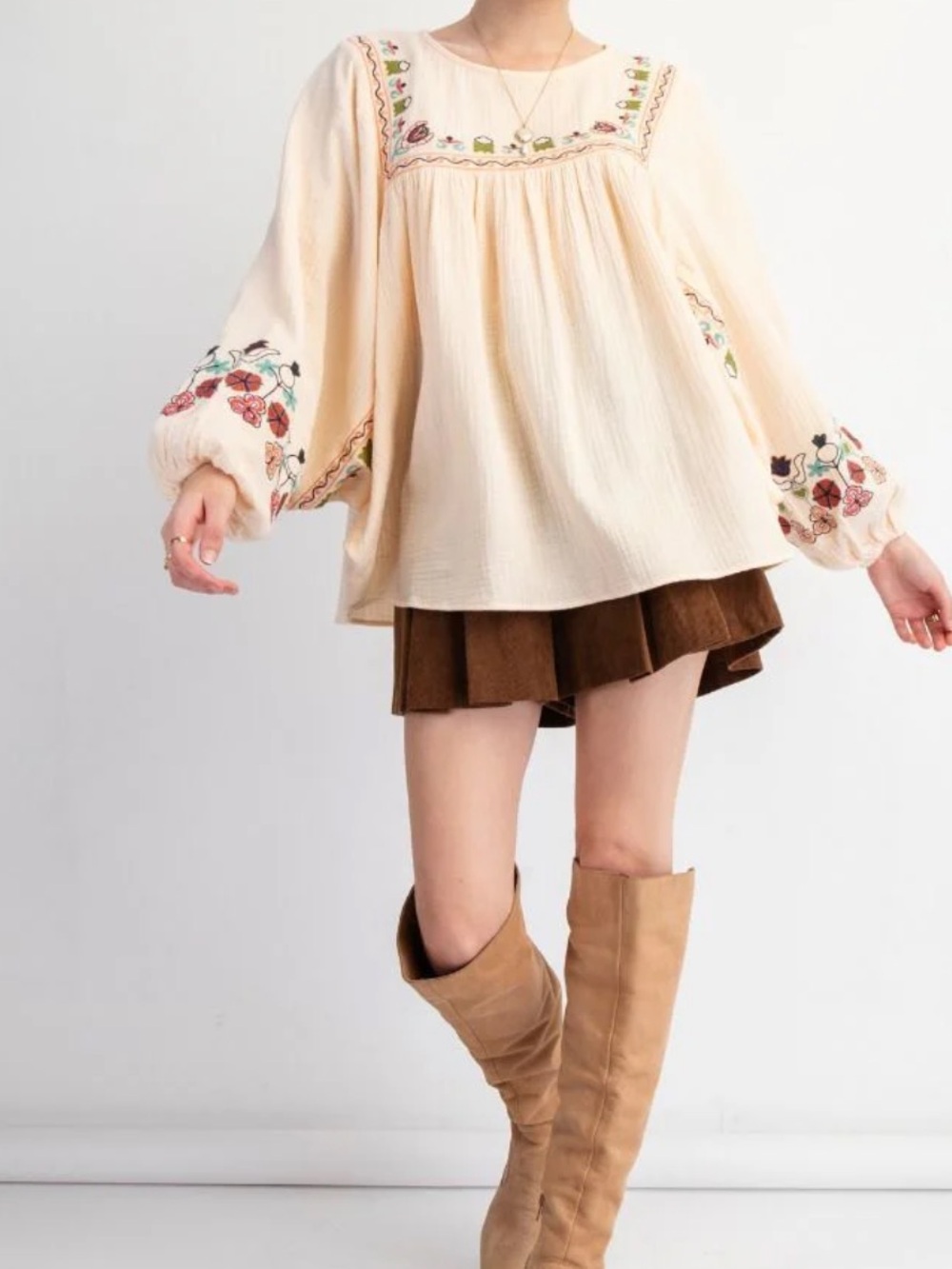 easel Cream Boho Embroidered Peasant Tunic